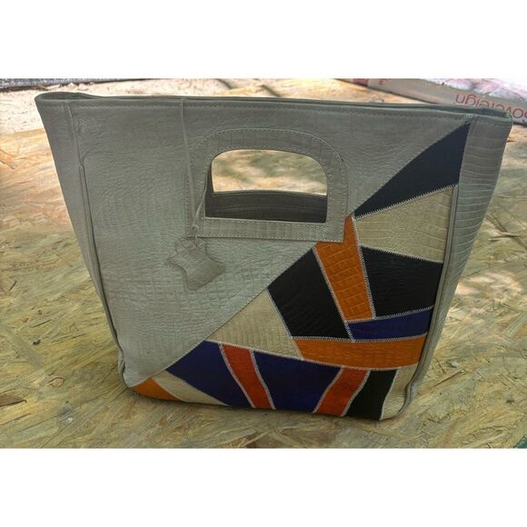 Vintage 1970’s Italian Croc Embossed Leather Patchwork Carry On Large Tote - Picture 4 of 14